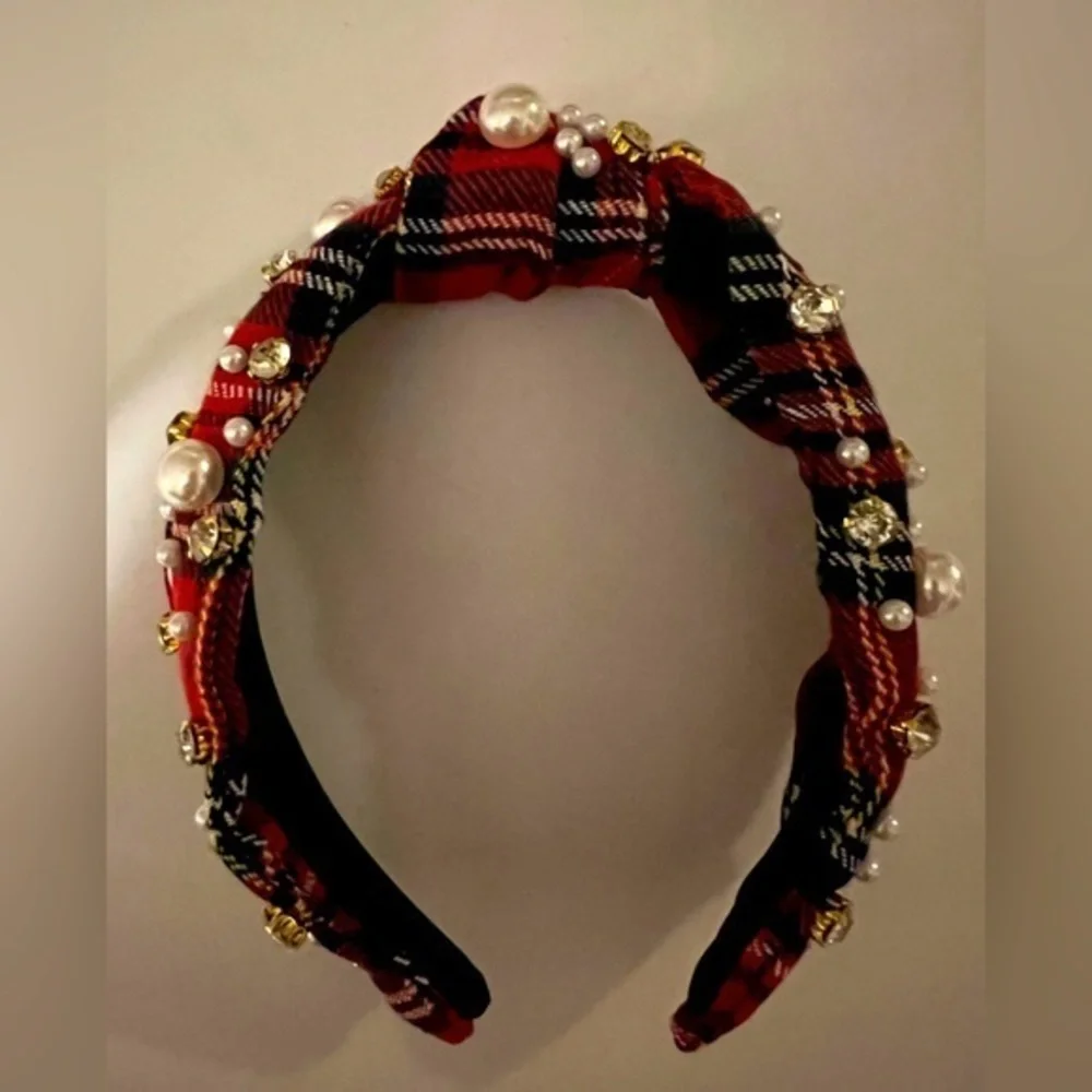 Holiday Top Knot Tartan Plaid Headband Faux  Pearls and Gold Accents—NEW—